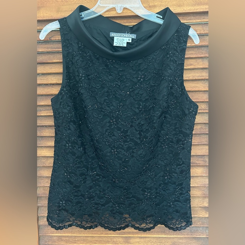 MAGGY LONDON Elegant Black Lace Beaded Sleeveless Top New Years Eve ๐ฅ๐ค Size 10